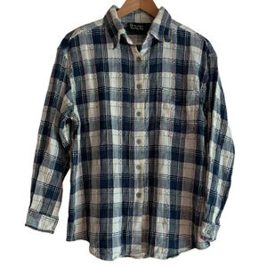 Lemon Grass Women's Textured Button Down Shirt Large Blue Pink Plaid Artsy